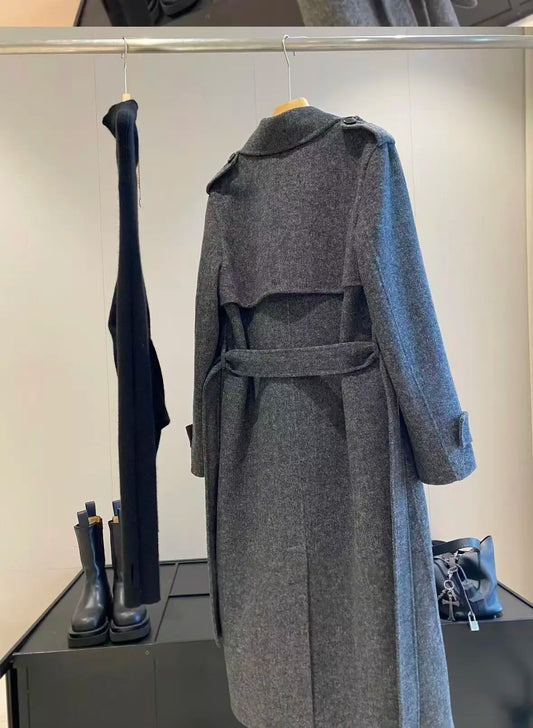 Original Grey Women's New Style Wool Blend Woolen Coat with Belt, Double-sided Fleece Long Woolen Coat