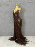 Elegant Brown Floowy Lace Women Sexy Spaghetti Strap V-Neck Tulle Ruffle High Slit Bodycon Outfit Evening Gala Party Costume