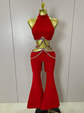 Luxury Rhinestone Red Sexy Cut Out Two Piece Pants Bandage Set 2026 Women Celebrity Designer Fashion Women's Set Stage Outfit