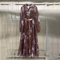 Floral Print Shirt Maxi Dress for Women Point Collar Long Lantern Sleeve Button Front Detachable Buckle Belt Sheer Chiffon