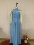Light Blue Ruched Bodycon Mermaid Maxi Dress for Women for Cape Sleeve Design Draped Skirt for Red Carpet Award Ceremonies