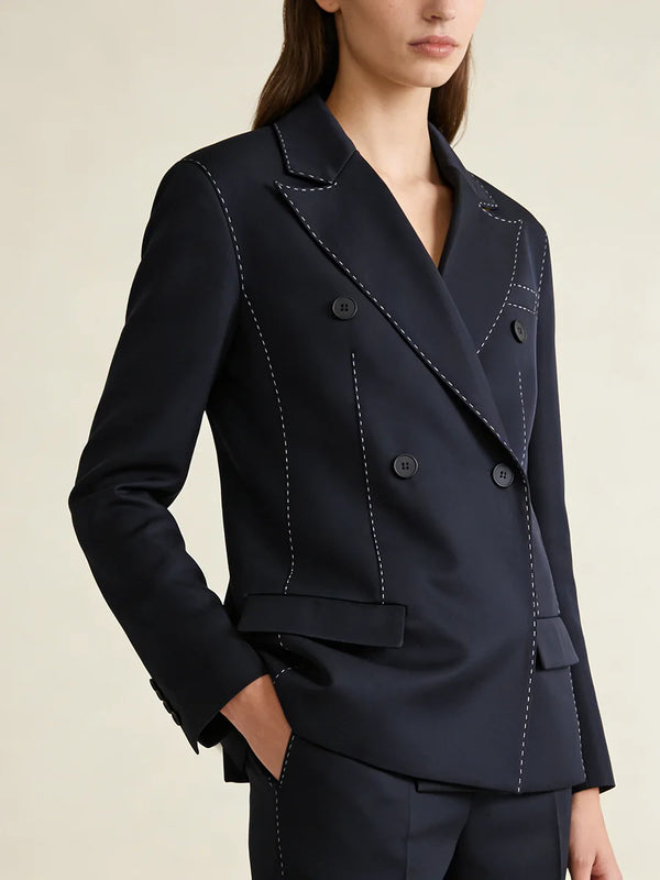 Navy Business Meetings Women's White Topstitch Trim Blazers Double Breasted Design Lapel Blazer for Office Commute