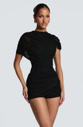 Ladies Bodycon Mesh Ruched Romper Asymmetric Draped Shoulder Mock Neck Short Jumpsuit Slim Fit Wrap Hem Cocktail And Clubwear