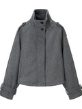 Gray Minimalist Woolen Coat for Women Stand Collar Long Sleeve Pathowrk Single Breasted Loose Casual Jacket Female