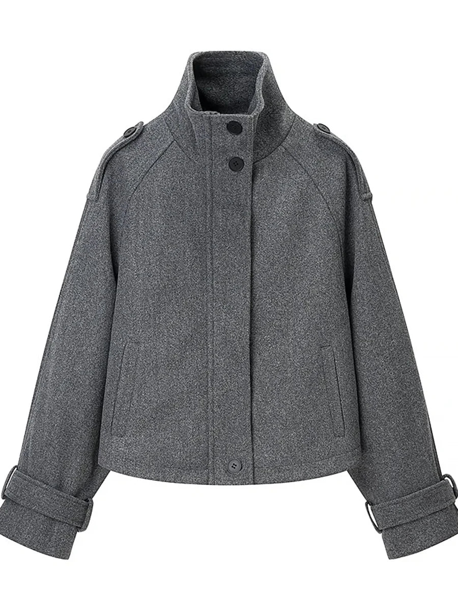 Gray Minimalist Woolen Coat for Women Stand Collar Long Sleeve Pathowrk Single Breasted Loose Casual Jacket Female