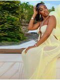 Sexy Yellow Chiffon Halter Maxi Dress Lady Chic Hollow Out Backless Lace Up Sleeveless See Through Robe Female Spring Party Wear