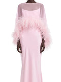 Formal Feather Cape Sleeve Maxi Dress for Women O Neck Spaghetti Strap Floor Length Long Evening Prom Cocktail Party Gown