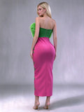 Fashion Strapless Green Feathers Bodycon Bandage Maxi Dress Off Shoulder Green Stripes  Evening Club Party Cocktail Birthday
