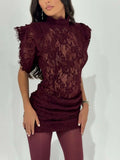 Sexy Pleated Bodycon Dress for Women Half High Collar Short Sleeve Spliced Lace Club Party Mini Dresses Female New