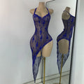 Sparkly Gold Design Evening Party Dress Luxury Rhinestones See Through Sexy Women's Clothing Mesh Stretch Birthday Dresses