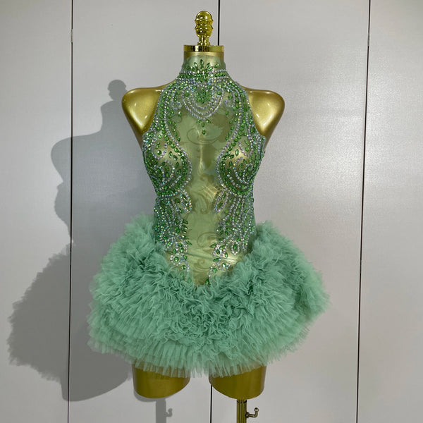 Women Birthday Party Costume Bar Nightclub Singer Sexy Stage Performance Outfit Sparkly Green Diamonds Mesh See Through Bodysuit