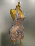 Sexy Sparkly Rhinestones Halter Backless Mesh Velour Short Dress Women Evening Prom Celebrate Birthday Party Stage Wear