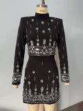 Two Piece Sets for Women Stand Collar Long Sleeve Spliced Diamonds Top High Wiast Mini Skirt Elegant Outfit Female