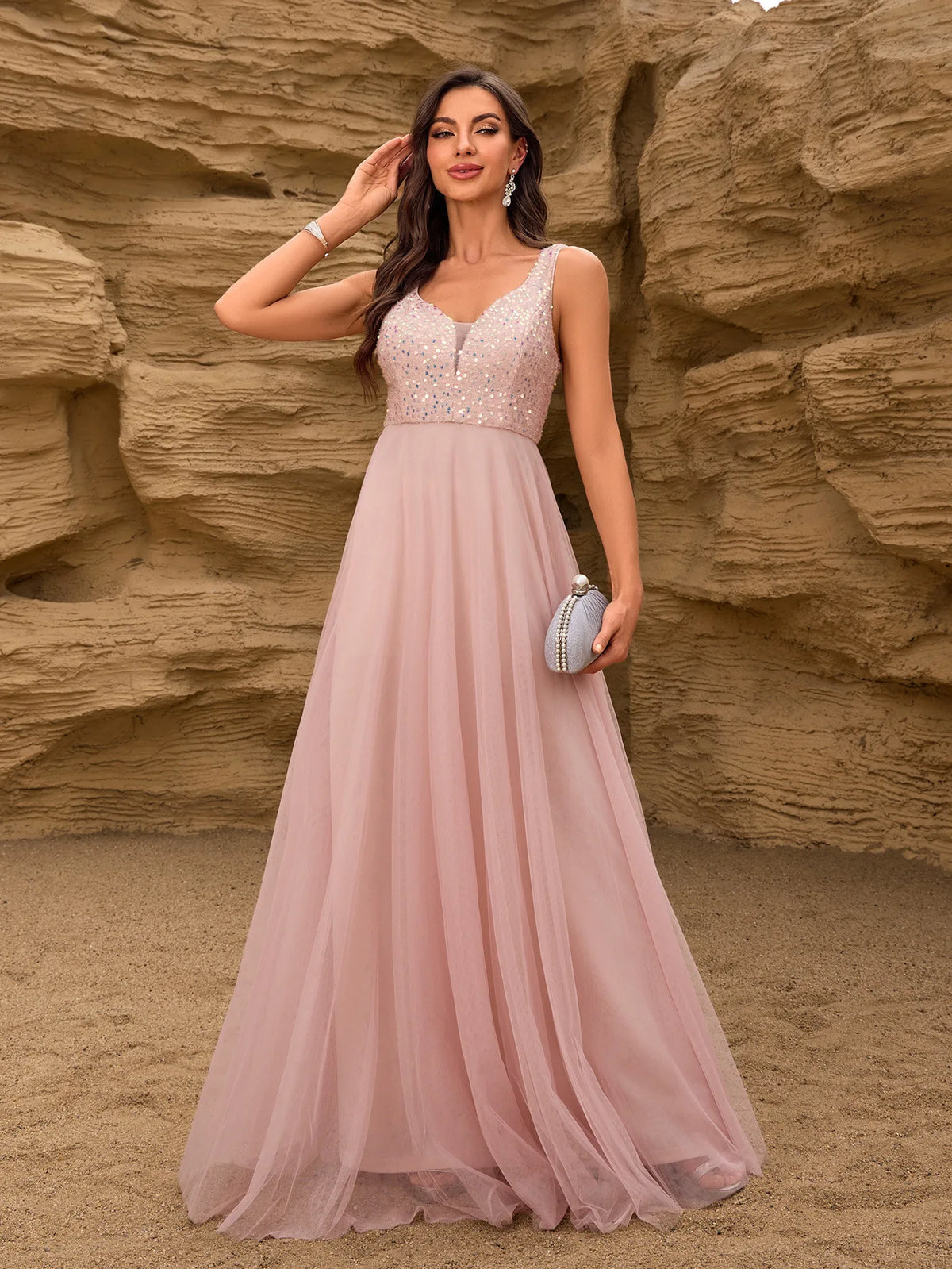Sleeveless Evening Dresses V-Neck Sequined Embroidery Long Party Gown Clothing Elegant Mesh A-Line Formal Wedding Dress
