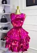 Women Floral Printed Sleeveless Cascading Ruffles Big Swing Ball Gown Dress 2025 Beach Vacation Holiday Vestido Dresses