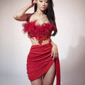 Exquisite Beaded Diamond Feather Tube Top + Miniskirt Red Suit Fashionable Hot Party Stage Performance Dress Vestidos Brillantes