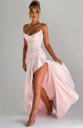 Sexy Satin Long Dress Luxury Ruffles Backless Bandage Evening Dresses Red Burgundy Blue Wedding Guest Cocktail Party Summer New