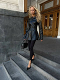 Women Black Waist Cinched Leather Jacket With Unique Stand Up Collar Pleated Trumpet Hem Coat Lady Autumn Street Outerwears 2026