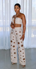 Women Set Sleeveless Strapless Tops +Wide Leg Pants Two 2 Piece Set Hole Hollow Out Outfit Summer Sexy Street Tracksuit
