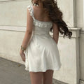 Solid Spliced Lace Up Slimming Dresses for Women Square Neck Sleeveless High Waist Mini Dress Female