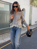 Fashion Lace Hem Peplum Suit Jacket Women V-neck Stand Collar Single Breasted Slim Fit Coat 2026 Vintage Office Casual Outerwear