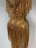 Luxury Sparkly Diamonds Tassels Sexy Mesh See Through Dress Women Evening Birthday Party Nightclub Bar Singer Stage Costumes