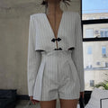 Striped Two Piece Set for Women V Neck Long Sleeve Spliced Button Coat High Waist Shorts Chic Sets Female