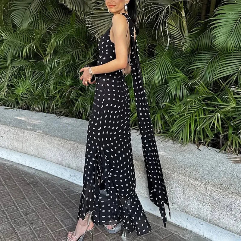 Elegant Polka Dot Long Dress Summer Scarf Ribbon Ruffle Halter Pleated Dress Luxury Sleeveless Women's Evening Dresses