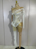 Sexy Mesh See Through Jumpsuit Women Elegant White Pearl Long Sleeves Eveing Birthday Party NightClub Dancer Stage Show Costumes