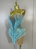 Shiny Rhinestone Birthday Bar Nightclub Stage Costume Sexy Strapless Sky Blue Mesh Ruffled See Through Evening Party Mini Dress
