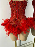 Luxury Women Sexy Shiny Crystal Feathers Hollow Out Bodysuit Nightclub Performance Dance Costume Nightclub Singer Stage Wear