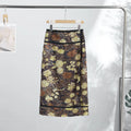 Bow Tie Neck Women Floral Print Set Long Puff Sleeve Cuff Trim Loose Blouse Vibrant Ethnic Midi Skirt Straight Hem Street Daily