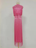 Solid Spliced Tassel Dresses Suit for Women O Neck Sleeveless High Waist Long Dress with Sling Two Piece Set Female