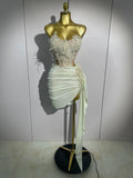 Luxury Shining Pearls Sexy Asymmetrical Skirt 2 PCS Set 2025 Women Evening Birthday Party Stage Dancer Performance Costume
