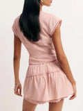 Casual Two Piece Set for Women Lapel Short Sleeve Slim Top Mid Waist Spliced Bow Short Skirts Sweet Outfit Female