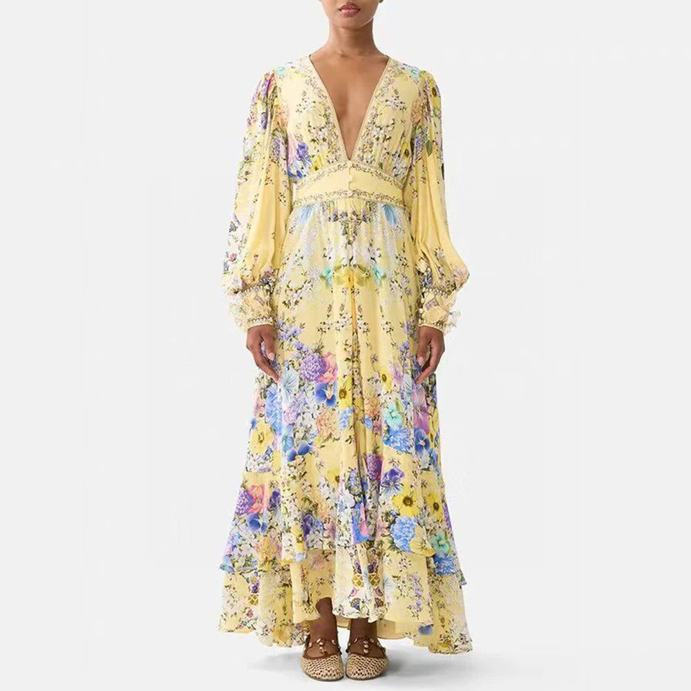 Yellow Floral Print Puff Sleeve Maxi Dress for Women Deep V Neck High Waist Asymmetrical Ruffle Hem Skirt for Garden Parties