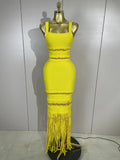 Elegant Black Sexy Square Collar Tassel Sleeveless Bodycon Bandage Dress Women Celebrity Evening Party Prom Birthday Dresses