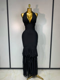 Women Sexy Halter Neck Ruffles Pacthwork Bandage Dress Black Sleeveless Backless Bodycon Dresses Evening Party Birthday Gown
