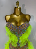 Women Sexy Sparkly Diamonds Strapless Mesh See Through Mini Dress Evening Party Birthday Nightclub Bar Stage Performance Costume