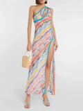 Colorful Print Dresses for Women Diagonal Collar Spliced Hollow Out Sleeveless High Waist Split Dress Female Autumn