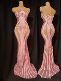 2026 Sexy Show Stage Wear Shiny Pink Rhinetones Sequins Strapless Mesh Sheer Long Dress Birthday Evening Celebrate Party Dress