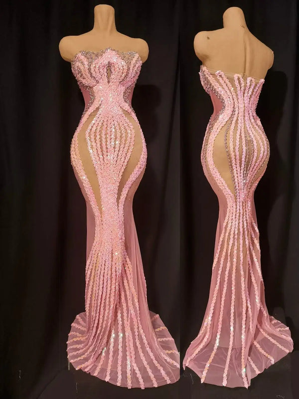 2026 Sexy Show Stage Wear Shiny Pink Rhinetones Sequins Strapless Mesh Sheer Long Dress Birthday Evening Celebrate Party Dress