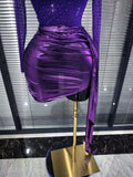 Purple Color Women Long Sleeve Shining Rhinestones Mesh See Through Bodycon Mini Dress Draped Celebrate Nightclub Party Outfit
