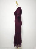 Romantic Dates Brown Ribbed Knit Mermaid Dresses for Women U Neck Short Sleeve Lace Trimmed Midi Skirt for Office Commute