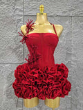 Red Color Women Sexy Halter Full Florals 2 Pieces Bodycon Mini Bandage Dress Celebrate Nightclub Party Birthday Dress
