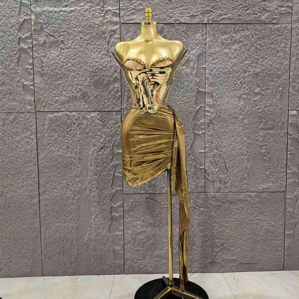 Gold Silver Color Women Sexy Strapless Shinning Crytsal 2 Pieces Bodycon Mini Dress Celebrate Nightclub Party Birthday Wear