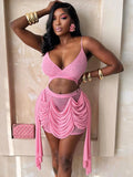 See Through Dress Women Waistless Summer Sexy Sleeveless Ruched Tassel Backless Vacation Midnight Party Club Bodycon