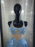 Blue Color Women Sexy Shining Crystal Sequins Fringes Bodycon Mini Dress Mesh See Through Celebrate Birthday Photoshoot Wear