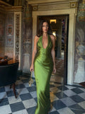 Elegant Satin Corset Long Dresses Luxury Women's Halter Maxi Dress Evening Wedding Guest Party Gown Brown Red Green Burgundy New