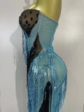 Sparkly Diamonds Tassel Long Dress Birthday Evening Party Sexy Strapless Side High Slit Mesh See Through Nightclub Stage Costume